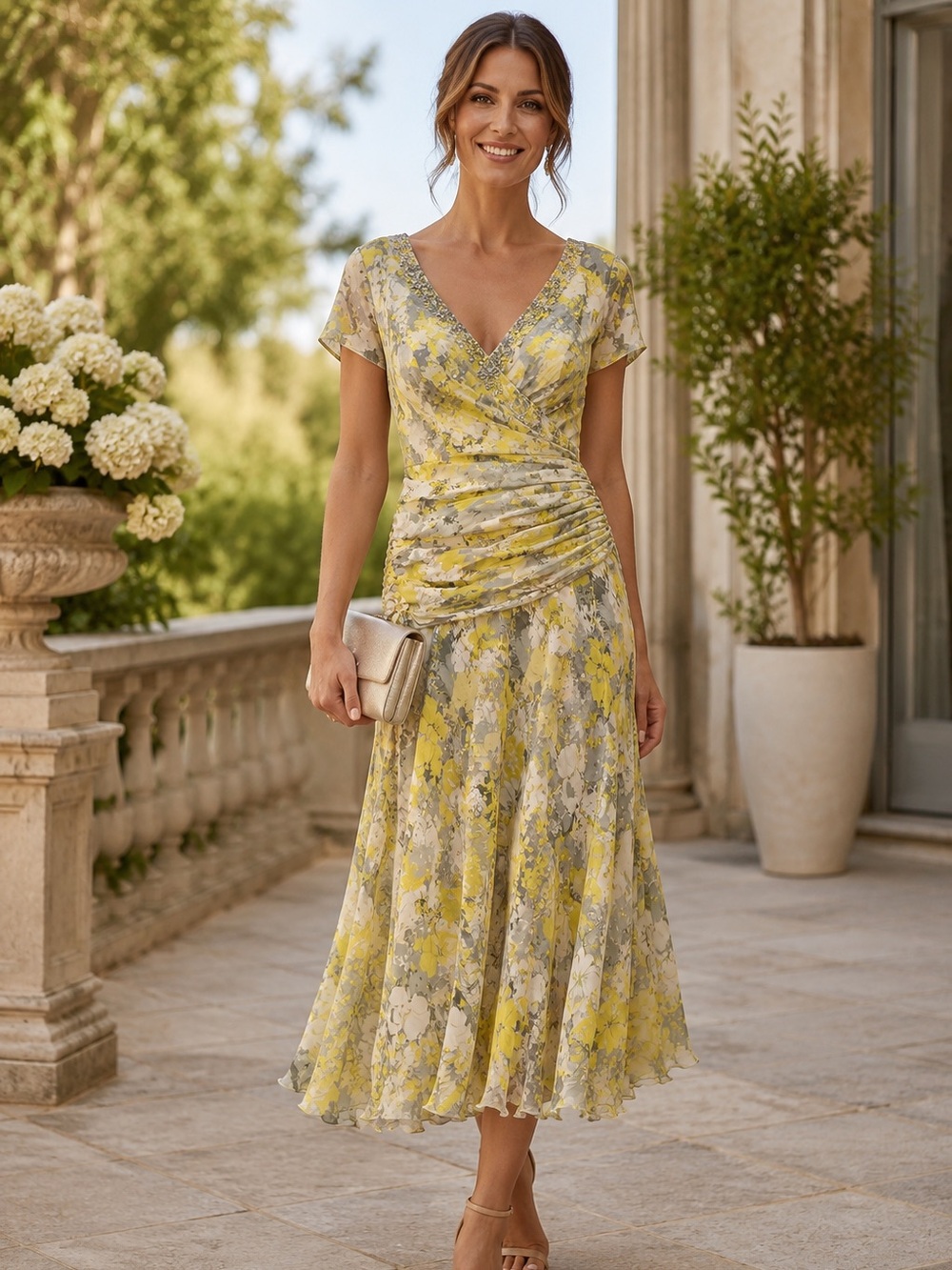 NWT Adrianna Papell Silk Floral Beaded Ruched Dress Yellow Gray 12